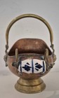 Vtg Copper   Brass Coal Scuttle Ash Bucket W  Delft Blue Ceramic   Lion Handle