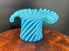 Fenton Blue Opalescent Swirl Top Hat Vase Crimped Large Size 6  T X 5  B Flaw