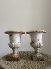 A Pair Of 19th Century Cast Iron Classical Urns Original Distressed Paint 33cm