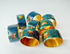 Set Of 8 Vintage Cloisonn   Blue And Gold Tone Enameled Floral Napkin Rings