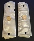 1911 Full Size Grips White Fire Pearl Gold Medallions For Colt   4 Gold Screws