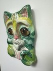 Handmade Clay Green Cat Wall Hanging Decor Sculpture Ooak  Signed Hand-painted