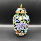 Vintage Chinese Floral Cloisonne  Enamel Urn Decorative Lid Black 8 1 4   