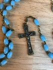 Vintage Catholic Rosary Blue Milk Glass Oval Beads Brass Crucifix 17 