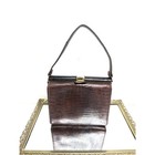 Rare Vintage 1940s Top Handle Escort Brown Leather Handbag Reptile Embossed