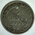 1908 Newfoundland Canada Silver 5c Coin Canadian Five Cents Very Good Circulated