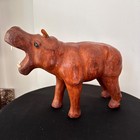 Vintage Leather Wrapped Hippo Figurine Handmade Hippopotamus Sculpture 9x12 