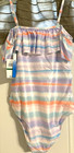 Lucky Brand Big Girls Swimsuit 1 Pc Ruffle Striped Sz L  12 14  Off Shoulder New