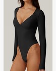 Qinsen Womens Long Sleeve Sweetheart V Neck Bodysuit Black Sculpting Thong Xs