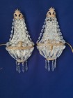Vintage Antique Pair French Empire Brass Crystal 1 Light Sconces Wall Lights 