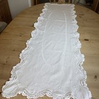 Large Vintage Lace Edged Cotton White Table Runner With  Whitework Embroidery 