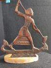 Rare Antique Bronze Egyptian King Tut Statue On Boat Marbled Accents Sculpture