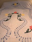 King Size Chenille Bedspread Vintage Blue W  Pink   Yellow Flowers Appox 106x98