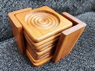 Vintage Mcm Dolphin Square Med Brown Teakwood Coaster Rack Set W 8 Coasters
