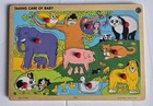 Two Vintage Small World Simplex Wooden Puzzles Animals Toys  Peg Grip Handles 