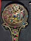 Vtg Style Hand Held Vanity Mirror Matching Comb Set Floral butterfly Rhinestone