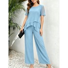 Ladies Chiffon Patchwork Irregular Top Wide Leg Pants Two Piece Set