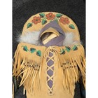 Native American Style Beaded Buckskin Papoose Cradleboard Doll Fringe Feathers