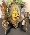 Antique Double Wall Sconce Pair Sailing Ship Nautical Galleon Circa 1910 Repair