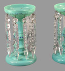 Antique Victorian Opaline Glass Pair Aqua Green Hand Painted Enamel Lusters