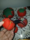 5 Vintage Pin Cushion Lot Red Fabric Tomato With Strawberries Sewing Pins