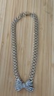 Vintage Rare Signed Reinad Link Bow Rhinestone Necklace Polished Brass