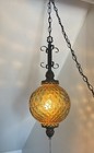 Vintage Large Amber Glass Mcm  Hanging Swag Lamp Light W  Chain
