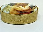Vintage Kissing Cherubs Oval Enamel Pill Box Gold Tone Hinged Trinket Box 2 In