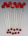10 Vintage Mid Century Hand Blown Glass Cocktail Swizzle Sticks W  Red Disc Tops