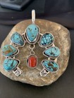 Spiderweb Turquoise Coral Navajo Sterling Silver Naja Pendant 02226