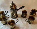 Turkish Middle Eastern Brass Coffee Pot Set Vtg Flaws In Photos   Description 