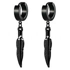 2pcs Men Women Stainless Steel Long Feather Dangle Hoop Huggie Earrings Studs