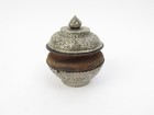 Vintage Lidded Tibetan Tsampa Bowl With Turned Wood   Embossed Metal 5 5  X 4 5 