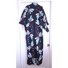 Handmade Japanese Cotton Yukata Kimono Robe Black Dragonfly Full Length Sz Xl