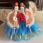 Vintage Korean Traditional Fan Buchaechum Dancer Dolls Hanbok Silk Blue