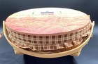 Woven Rattan Sewing Basket With Lid   Bentwood Handles  Asst Contents Vintage