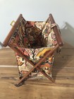 Vtg Mcm Folding Wood Sewing Basket Knitting Yarn Caddy Asian Pagoda Fabric Bag