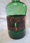 Vintage Italian Green Glass Decanter Bottle Leather Cork Wrapped Mid Century Bar