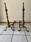 Vtg Antique Brass   Cast Iron Andirons Fireplace Fire Dogs 19  Tall