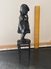 Antique Bronze Sculpture Signed By Juan Clara Little Girl On Stool