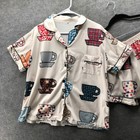 Womens Xl Teacup Print Pajama Set Short Sleeve Shorts 2 Piece Patchwork Beige