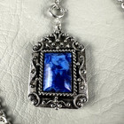Vintage Watch Chain Fob Blue Acrylic Pendant Silver Tone Ornate 14 