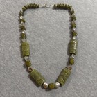 Vtg Artisan Beaded Hand Carved Jasper Stone Jade Green Silver Glass Beads Boho