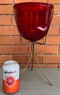 Vintage Mcm Brass Red Glass Tripod Planter Mid Century Modern 1950s Atomic Era