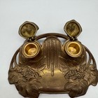 Antique Art Nouveau Brass Double Inkwell Grape Vine Pen Tray Desk Stand C1900