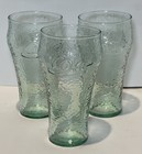 Vintage Coca-cola Green Pebbled Textured Glass Tumblers Set Of 3  Logo - 6    Tall