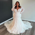 Mermaid Plus Size Wedding Dresses Long Sleeves V Neck Court Train Bridal Gowns
