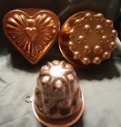 3 Vintage Copper Jello Molds--small Tower  Bumpy Circle  Heart