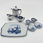Miniature Tea Set Vintage Delft Style Porcelain  9 Pieces Blue   White Windmill