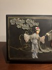 Asian Jewelry Box Black Lacquered Faux Jade Brass Hardware Satin Lined W  Lock